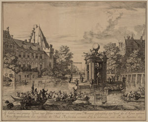 P. van den Berge naar Isaac Moucheron, Vuurwerk paviljoen voor Peter de Grote, Stadsarchief Amsterdam [prent]