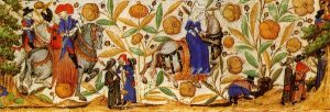 Miniatuur van pelgrimsstoet uit getijden van Margareta van Orléans - 15e eeuw