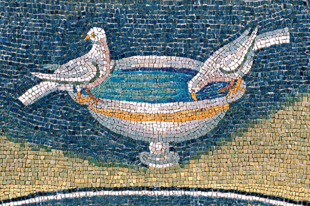 Drinkende duiven, Mozaïek in het Mausoleum van Galla Placidia, Ravenna